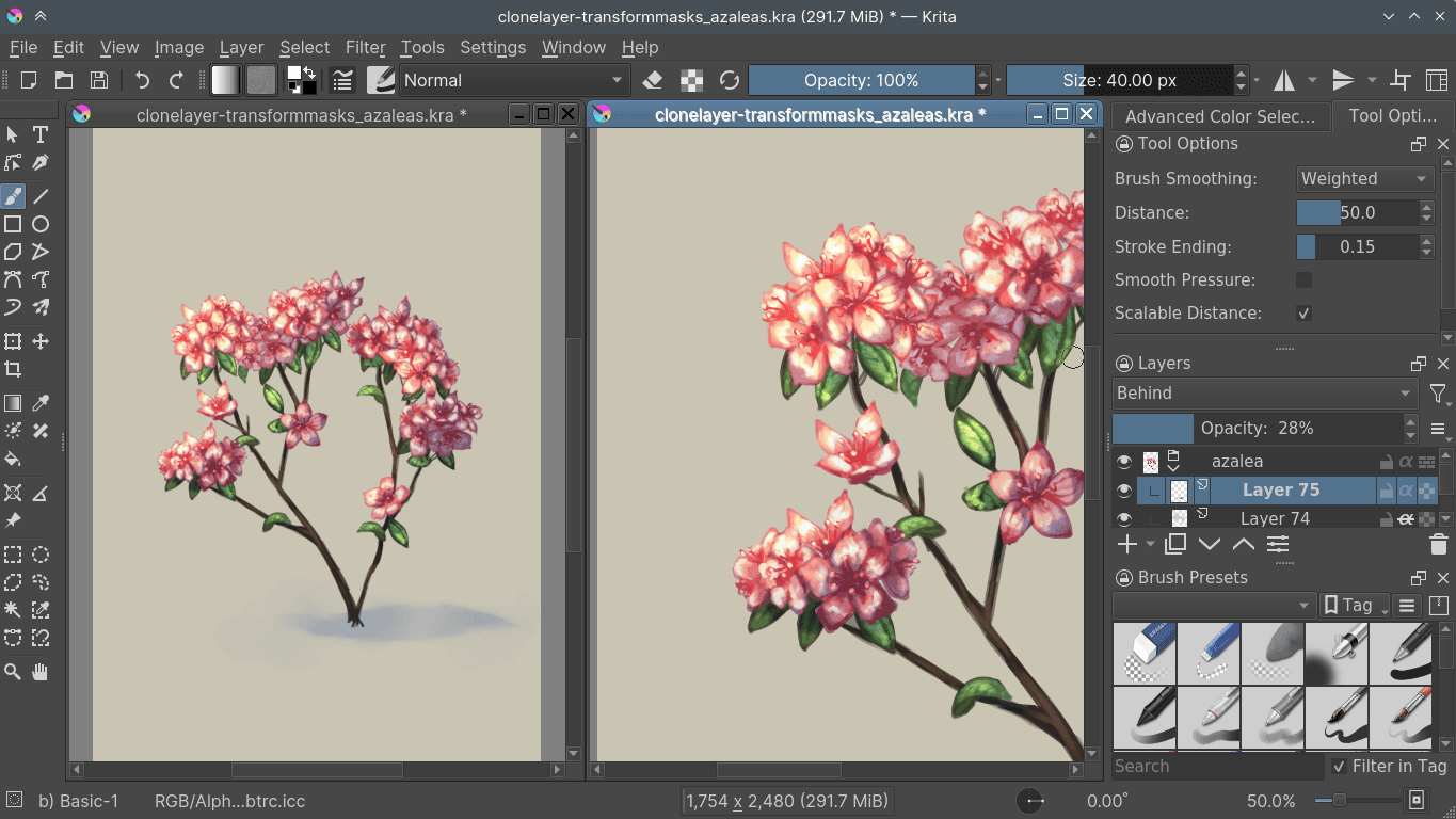 Krita's professional interface showcasing multiple canvas views and extensive brush tools