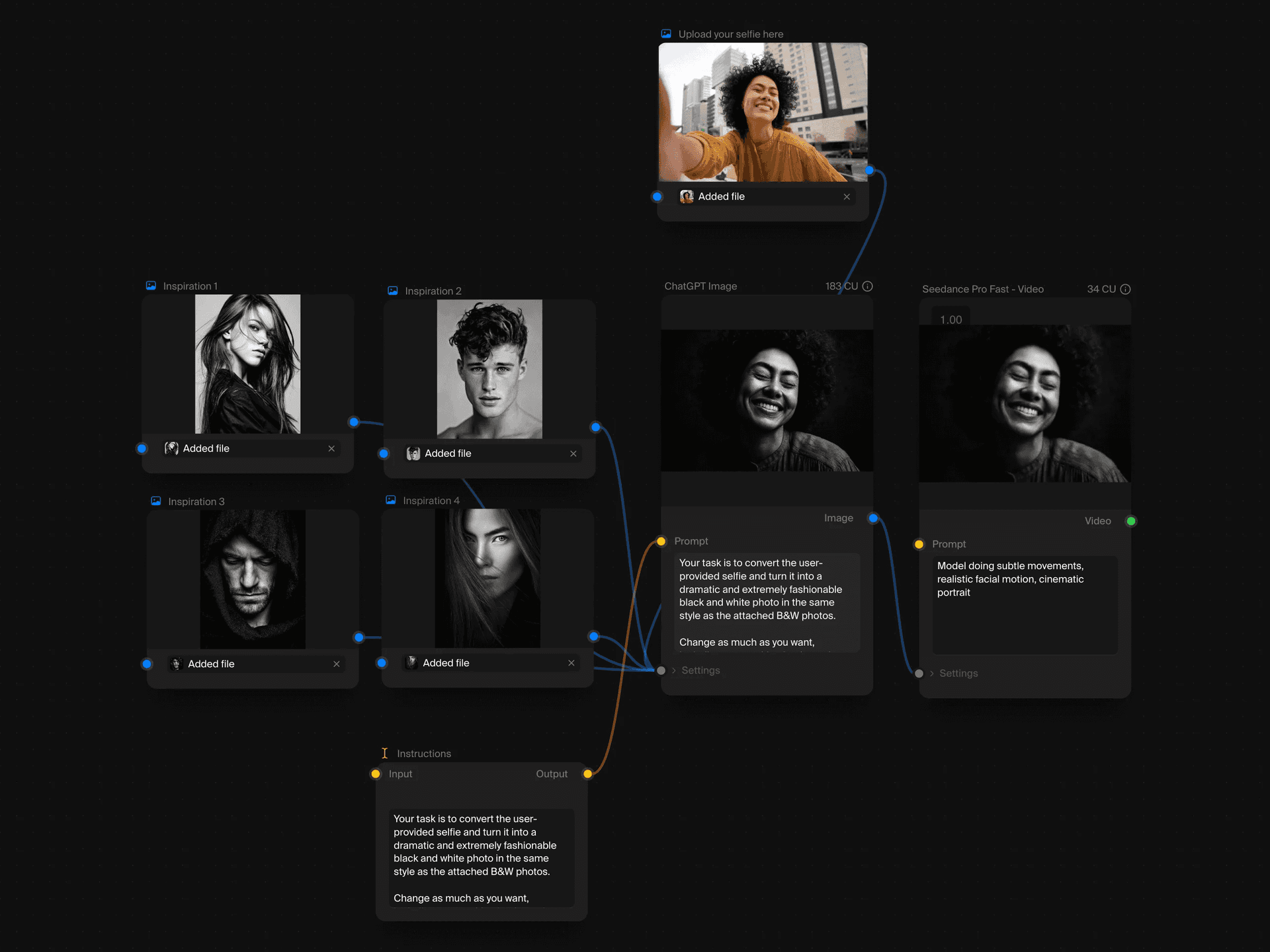 Detailed node-based workflow showing connections between multiple AI operations