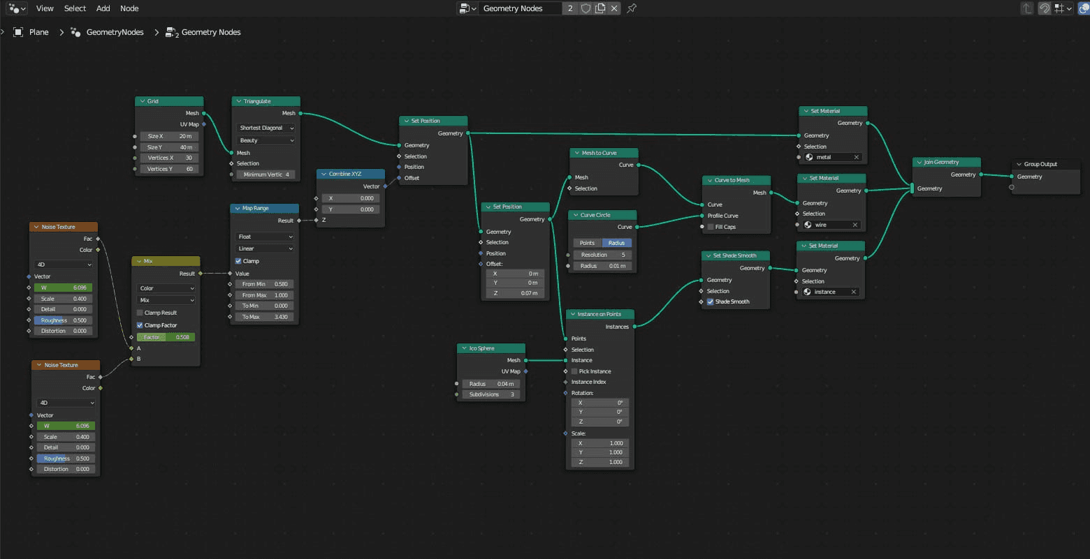 Complex node workflow showing multiple branching paths