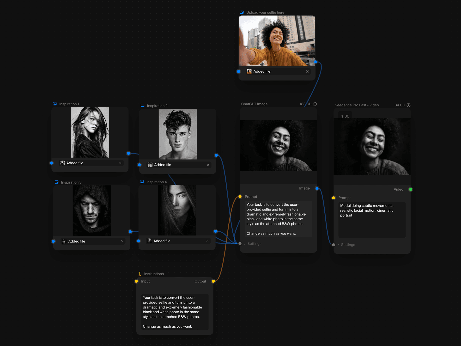 Node-based AI workflow interface showing visual pipeline