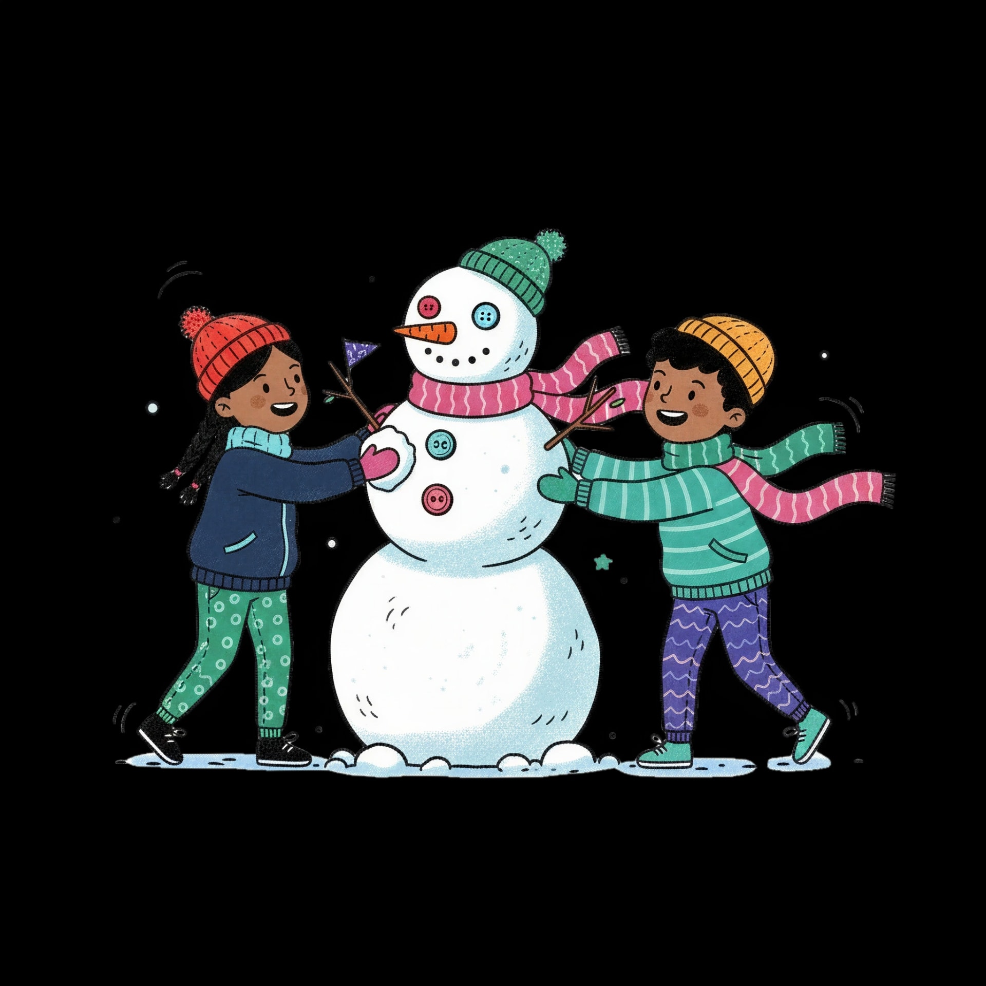 Diverse Children Build Snowman